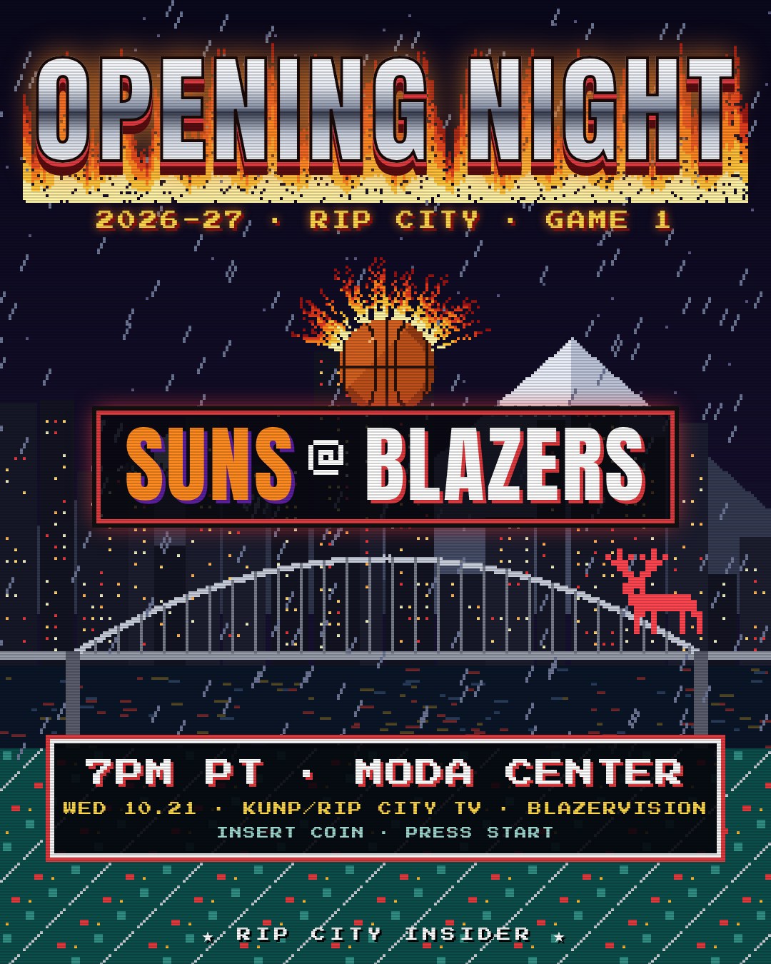 Opening Night: Suns at Blazers, 7 p.m. PT, Moda Center. Original arcade-style fan graphic.