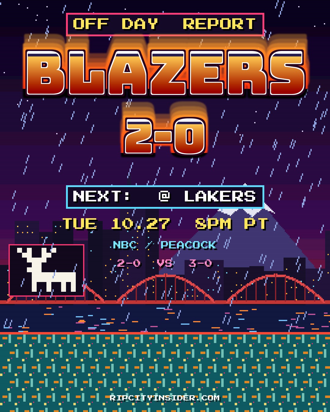 Arcade-style off-day graphic: Blazers 2-0, next at Lakers Tuesday 8 PM PT