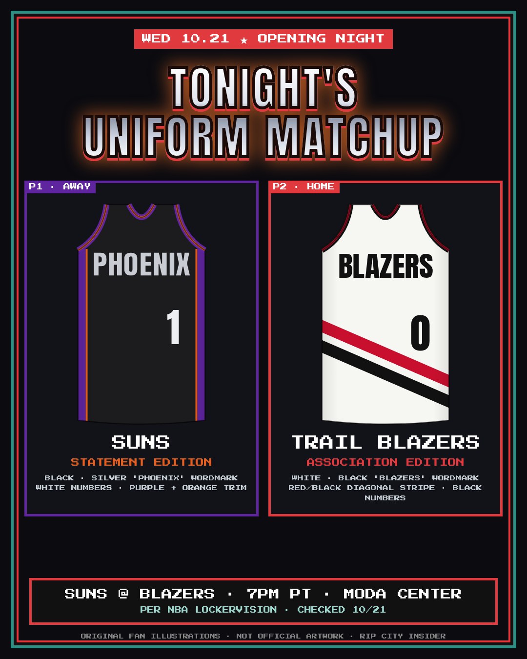Opening-night uniform matchup: Suns black Statement Edition vs Trail Blazers white Association Edition