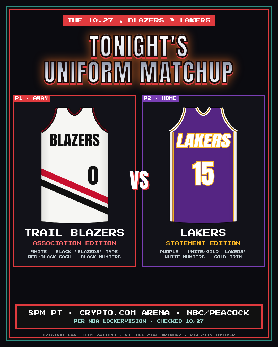 Blazers white Association Edition at Lakers purple Statement Edition, original fan illustration